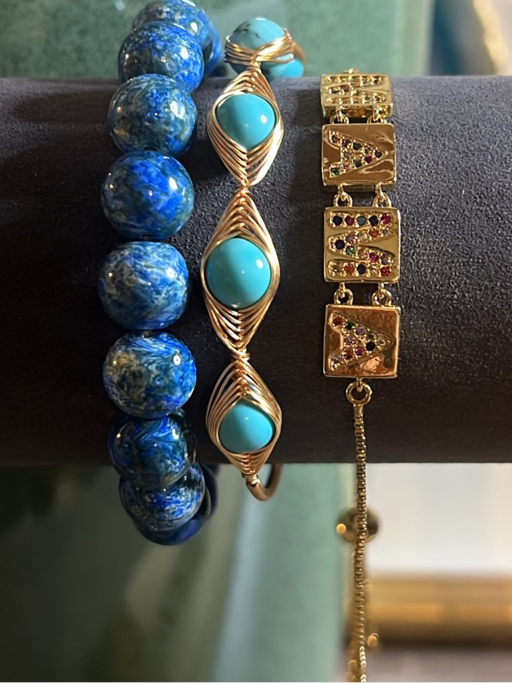 3PCS Set Gold and Blue Turquoise Bead Bracelet with Boho Blue Glass Bracelet